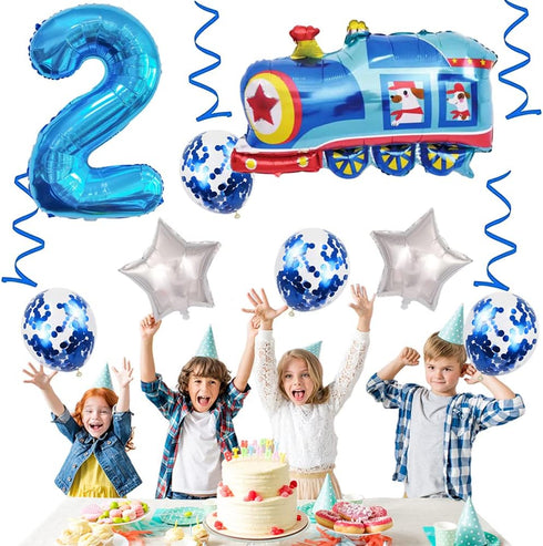 Weenkeey 2nd 2 Birthday Train Balloons - Giant Aluminum Foil Balloon Number Mylar for Railroad Party - Blue