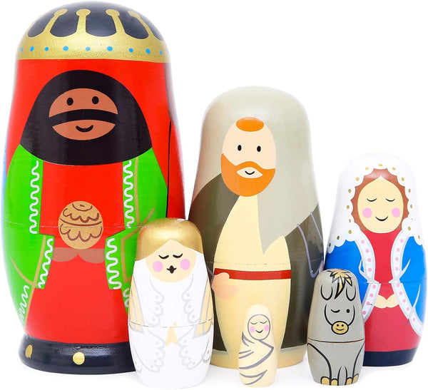 Nesting Doll Holy Family - The Nativity Family Wooden Nesting Dolls Matryoshka Figurines - Set of 5 Dolls (Brown)