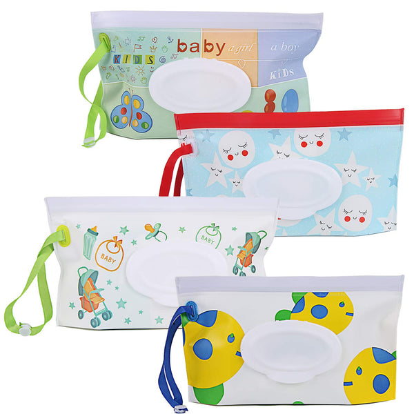 FEBSNOW 4 Pack Baby Wipes Container - Reusable Portable Wet Wipe Pouch Dispenser for Baby Travel
