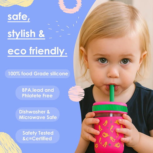 12 oz 4 Packs Sursip Toddler Glass Sippy Cups, Kids Baby Spill-Proof Water Tumbler with Straw and Lids, Smoothie Snack