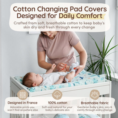 32"x16", 8" 100% 2 Pack, Baby Changing Pad Covers Girl Deep Pocket - Diaper Changing Pad Cover Nautical, Cotton Ocean