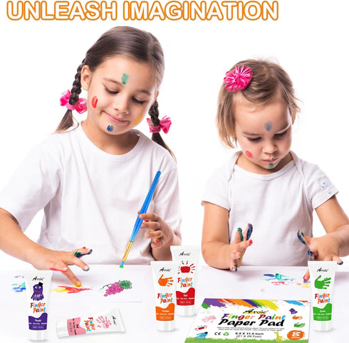 27PCS Kids Washable Finger Paint Set, Non-Toxic Finger Paints 8 Colors, Brushes, Sponges, Art Painting Supplies for