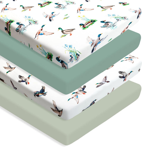 FIGEPO 4 Pack Mallard Duck Baby Pack N Play Sheets Neutral Unisex Breathable