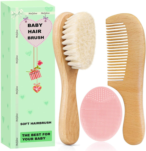 Molylove 3PCS Baby Hair Brush with Wooden Handle and Comb Set for Newborns
