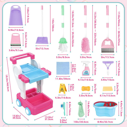 Set 17 Set deAO Kids Cleaning for Toddlers, PCS Pretend Play Detachable Housekeeping Cart with Broom,Dust Pan,Spray