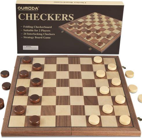 15" Set 8x8 24 OUMODA Walnut Magnetic Checkers Board Game - Folding Wooden Chessboard with Interlocking Pieces, Storage