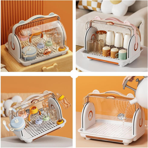 Nollapo 3 countertop Baby Bottle Drying Rack Storage with Brush, Nursing Bottle Storage Box Organizer with Cover