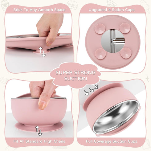 Bathchef Set Set Safe,6pcs,Pink Toddler Plates and Bowls Stainless Steel - Baby Feeding Strong Suction, BPA Free