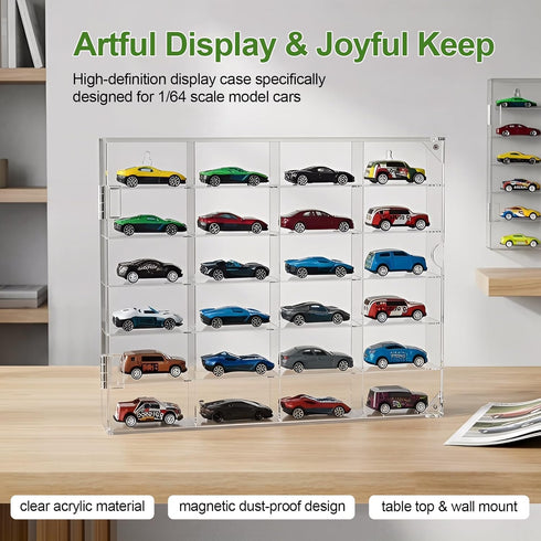 JUESHA 1/64 6 24 Acrylic Display Case for Hot Wheels Storage Scale, Levels Slots Toy Cars Showcase Wall Mount