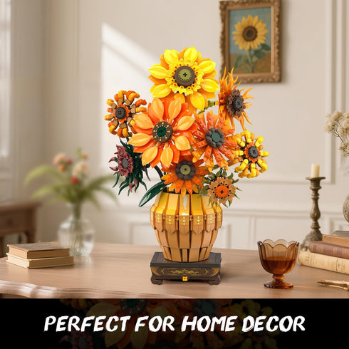 Set 12+, 1180PCS PLAXSOON Sunflower Building with Lights Vase Base, Flowers Botanical Collection Building Block