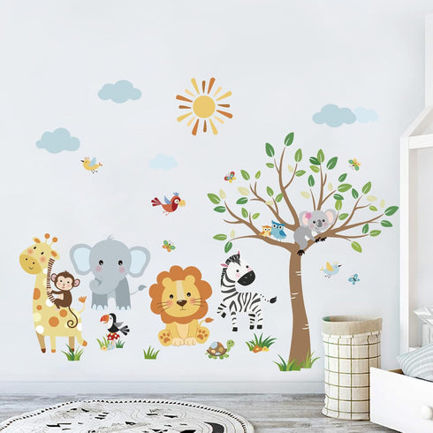 Whimsical Forest Animal Wall Stickers for Nursery - Elephant, Lion & Giraffe Decals