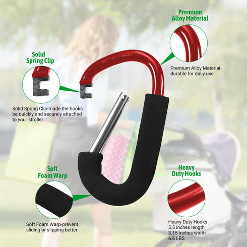 Yinpecly 3Pcs Stroller Hooks, 5.51 inch Large Organizer Hook Bag Clips for Mommy, Grocery or Diaper Bags, Red