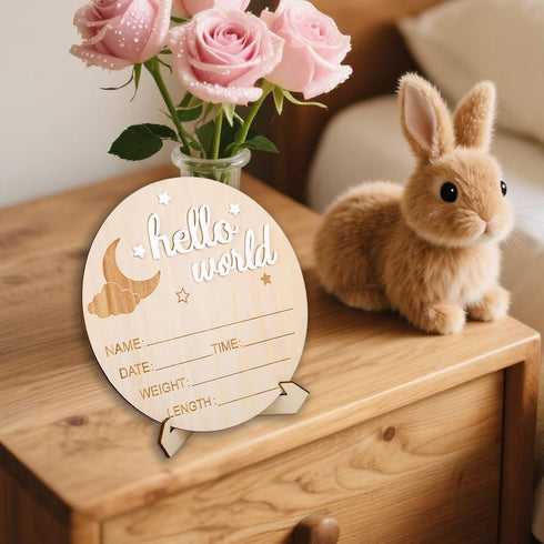 BOXOB 5.8in Wooden Hello World Newborn Sign, Birth Announcement Board Baby Name Plaque Birth Stats Board for Boys
