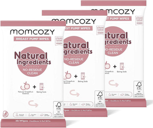 Momcozy Natural Breast Pump Wipes for On-the-go Cleaning, 30 Count (Pack of 3) - Resealable Pump Wipes