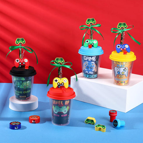 Watersay 110 Set Pcs Video Game Party Favors Includes Drink Cup with Lid Game Card Pencil Sharpener Eraser Stickers