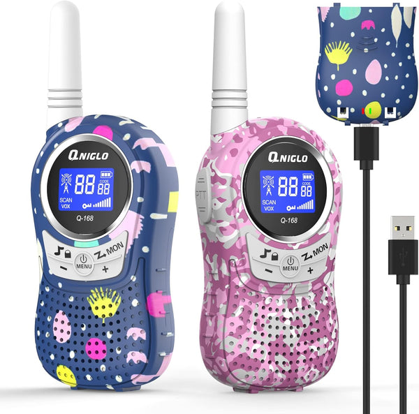 Qniglo Kids Walkie Talkies 2 Pack, Rechargeable Long Range Radios for Kids/Adults, Outdoor Camping Game Gifts