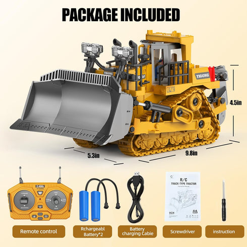 Bulldozer 9CH 2.4GHz Dozer 3-12 RC Toy with Metal Blade, Light and Sound, Remote Control Construction Truck, Tractor