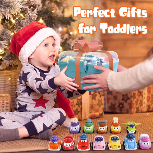 Mini Car Toys for 1 Year Old Boy, 12 Sets Pull-Back Trucks with Playmat, Gifts for Toddlers Age 1-2
