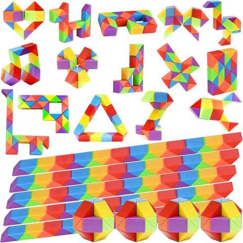 24 Pack Mini Fidget Snake Cube Puzzle Toys, Party Favors & Goodie Bag Fillers for Kids & Teens, Rainbow Colors