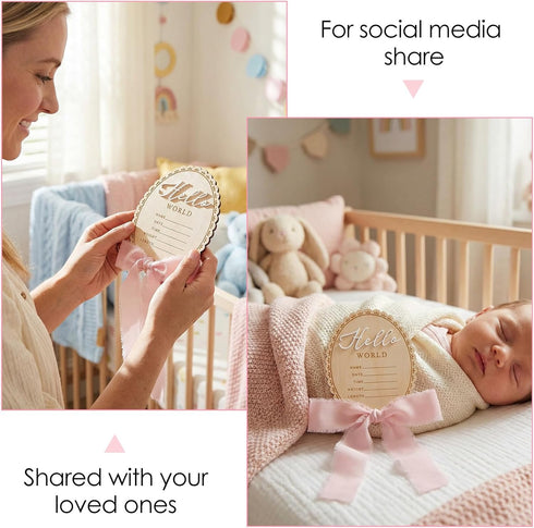 Josojoou Hello World Newborn Announcement Sign, Wooden Baby Photo Prop with Stand & Marker - Rustic Pink Ribbon