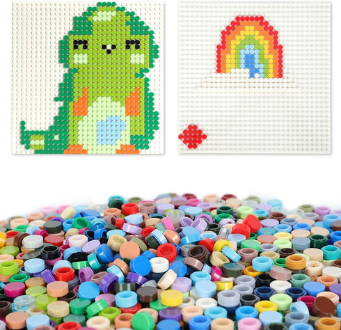 5400PCS Pixel Bricks, 1X1 Round Plates with 54 Colors and 2 Pack 10”x10” White Peel-and-Stick Baseplates Kit