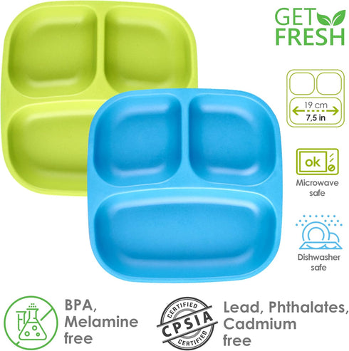 GET FRESH PLA Kids Divided Plates Set – 2-pack Melamine-Free Sectioned Plates for Kids and Toddlers – Stackable BPA-free Childrens Dinnerware Divider Plates – Reusable 3 Compartment Kids Plates by GET FRESH
