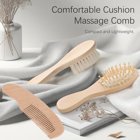 Jaasuee Baby Bath Grooming Kit Natural Wooden Hairbrush with Gentle Goat Bristles, Pear Wood Comb, and Soothing Massage