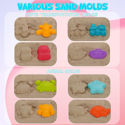 BeneFine 14 Piece Beach Toys,Castle Barrel Bucket,Sea Animal and Traffic Sand Molds,Beach Shovel Tool Kit, Fun Outdoor