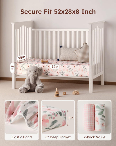 2 Pack, 52x28 Yoofoss Crib Sheets Girl Fitted Baby Crib Sheet Fits for Standard Crib and Toddler Mattress, Ultra Soft