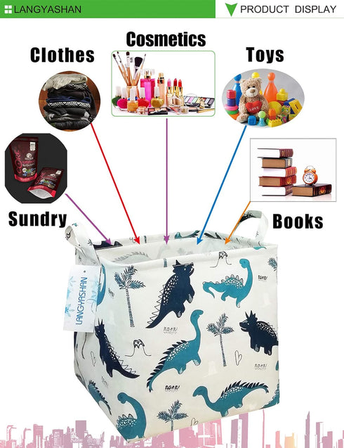 LANGYASHAN Square Storage Baskets, Waterproof Canvas Children Laundry Nursery Hamper, Toy Organizer Room Decor