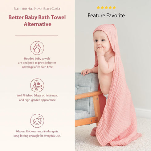 2 Pack, 100% 32x32 Inches, Unnivoll Hooded Baby Towels for Newborn - Muslin Cotton, Baby Bath Towels with Hood, Soft