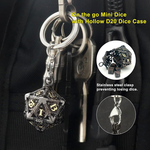 Haxtec Mini Metal DND Dice Set - 20mm Black Gold Hollow D20 Necklace with Antique Tiny Copper Dice