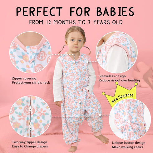0.5 12-18 2T 3T 4T 5T 12-24 WONDAY Toddler Sleep Sack with Feet, Tog Sleeping Sacks for Walking with Legs Months (Rose
