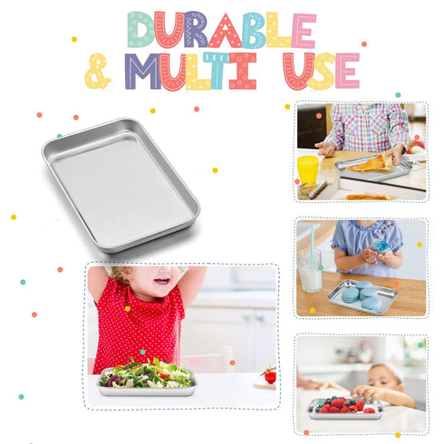 TeamFar Kids Plates Set of 4, Stainless Steel Toddler Training Trays, 7.3"×5.3"×0.8", Healthy & Toxic Free, Dishwasher