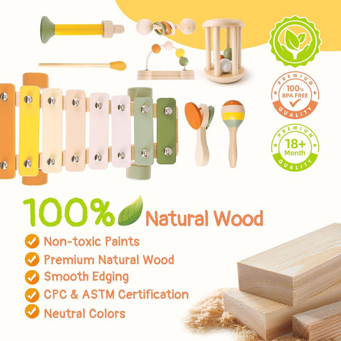7pcs Set 18M+ 2 3 4 3-5 Pajojoqa Musical Instruments Montessori Toys Neutral Colors Wooden Toys for Toddlers Percussion