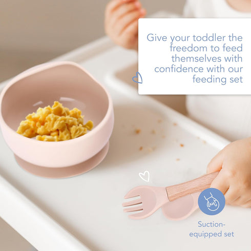 Silicone Baby Feeding Set - Toddler Led Weaning Supplies - Kids Plate, Bowl, Spoon and Fork Set (Cream)
