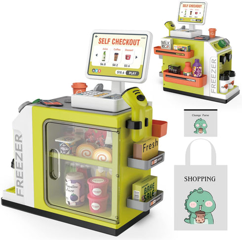 POFJOEQ Cash Register Playset for Kids - 48PCS Pretend Play Money, Calculator, Scanner,