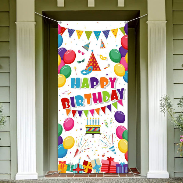 Kids Birthday Party Decorations, Colorful Balloons and Happy Birthday Door Cover Fabric Backdrop Banner