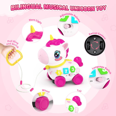 MOISTAR 1 6-12 6-12-18 Bilingual Musical Crawling Toy for Year Old Girl Gifts,Musical Unicorn Toys for Baby Months,Baby