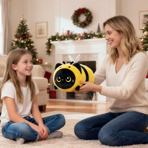 (8 Inch) Mewaii Cute Black Cat Bee Plush Pillow, Kawaii Plushies Bee Stuffed Toy, Kitten Plushies with Honeybee Outfit