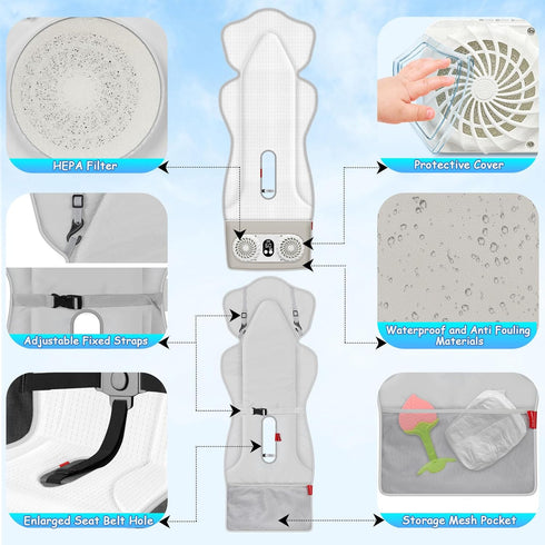 2 3 10000mA Setting, Summer TRELC Baby Stroller Cooling Pad with Fans, Speeds Cooling Cushion, Rechargeable Battery
