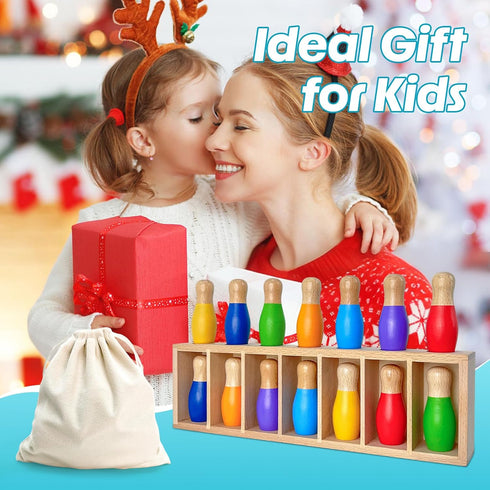 pamexin 7 Family Games for Kids, Wooden Bowling Color Matching Game with Bright Pins and Storage Bag, Family Board