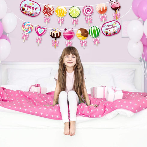 Blulu 2 Pcs Candy Party Decorations, Candy Paper Banner Lollipop Garland for Birthday Baby Shower