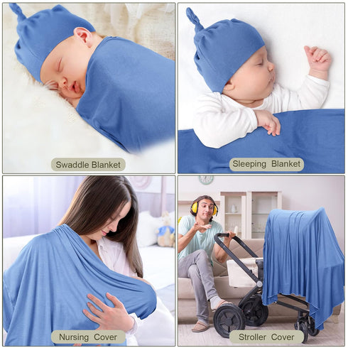 2 Set 47" 47" JaGely Pcs Stretchy Baby Swaddle Blankets Extra Soft x Baby Newborn Swaddle Blanket and Hat(Blue, Army