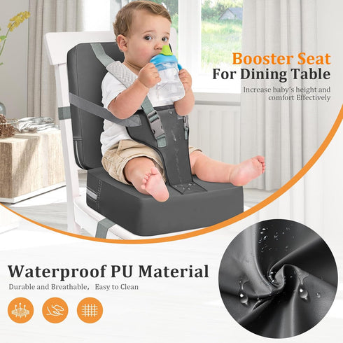 SMZCTYL Toddler Booster Seat for Kitchen Chair & Dining Table Waterproof PU Foam Cushion with Backrest & Safety Straps