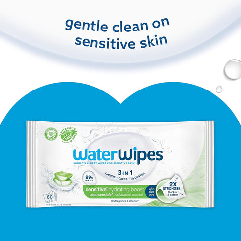 3-In-1 99% 60 Count (1 Pack) WaterWipes Sensitive+ Hydrating Boost Wipes, Cleans, Cares, Hydrates, Water with Aloe
