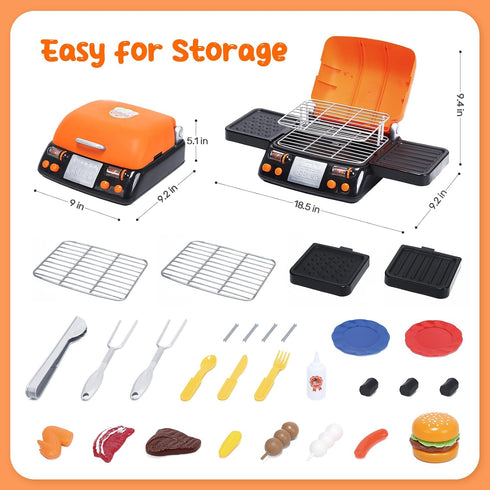 CUTE STONE Cooking Toy BBQ Set, 2-Layer Kids Grill Playset with Play Food and Kitchen Accessories for Toddlers