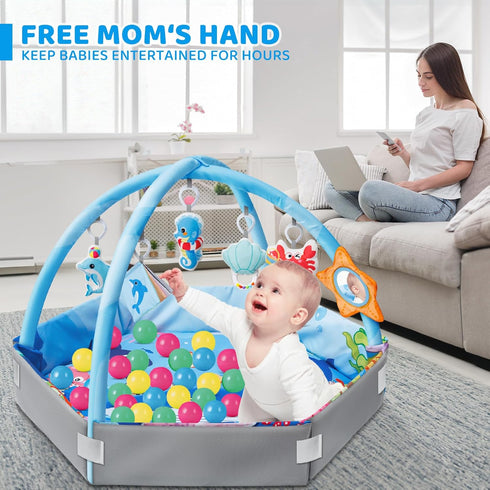 8-in-1 Tummy 0-3-6-9-12-18 Baby Gym Play Mat, Ocean Theme Time Mat & Ball Pit, Washable Baby Activity Play Mat