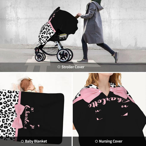 COWSROCK Pink Bow with Leopard Print Custom Name Baby Car Seat Cover Personalized Nursing Cover for Breastfeeding