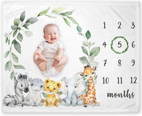 Safari Milestone Blanket, Jungle Wild Animals Baby Growth Chart, 50"x40" for New Moms